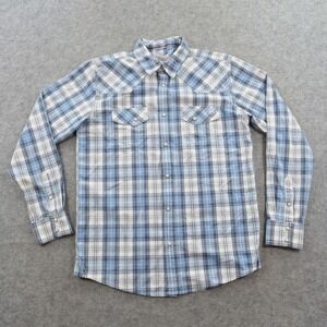 Blue Ranchwear Shirt Mens Medium Plaid Pearl Snap Western Long Sleeve Cotton